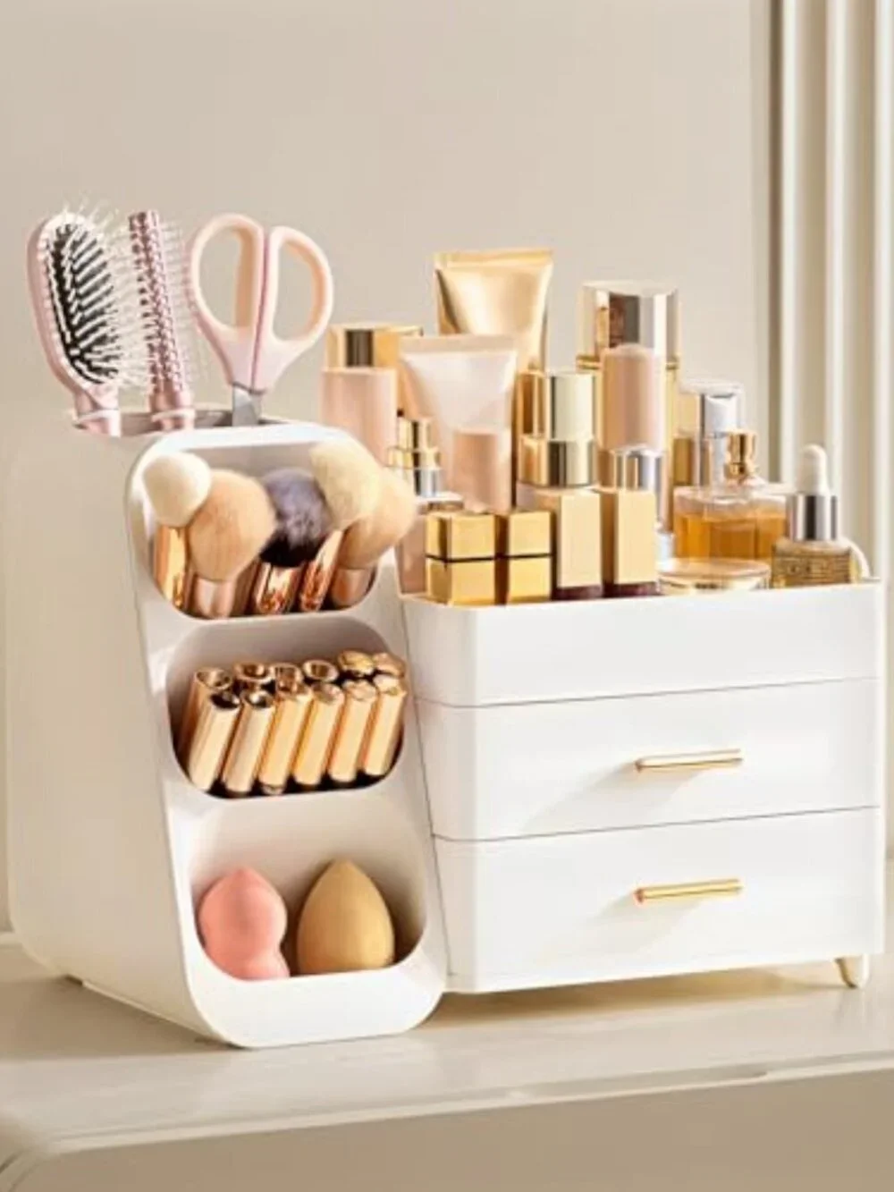 Makeup Organizer with Brush Holder for Vanity, Large Plastic